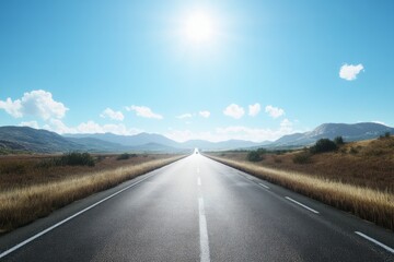 Fototapeta premium Endless road under bright sun in vast landscape. AI image