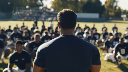 College stadium with a coach giving a pre-game speech. Featuring leadership and strategy