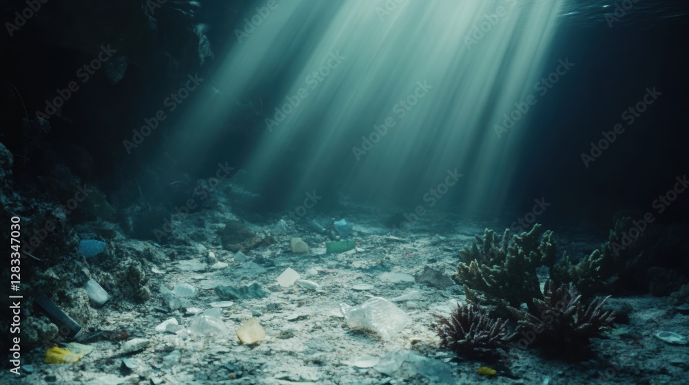 Poster underwater view revealing dead corals and scattered plastic waste illuminated by dim light rays. gen