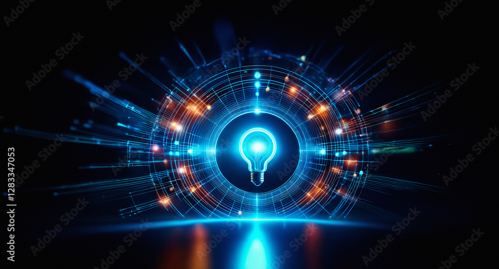 Poster A glowing light bulb icon is centered in a vibrant digital circle design with blue and orange lights against a dark backdrop, symbolizing innovation.