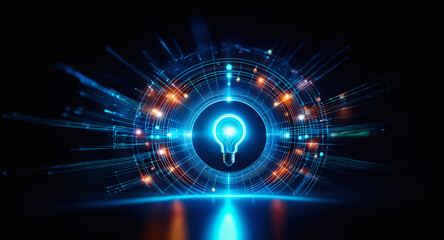 Fototapeta premium A glowing light bulb icon is centered in a vibrant digital circle design with blue and orange lights against a dark backdrop, symbolizing innovation.