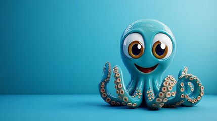 Cute Cartoon Octopus With Big Eyes On A Blue Background. Playful Design For Children'S Products And Marine-Themed Projects.