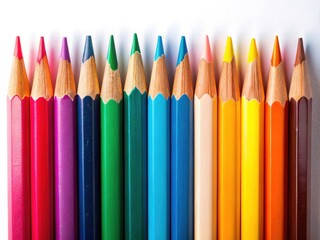 Brightly colored pencils stand out against a stark white background; perfect for art supply photography.