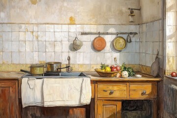A kitchen with a sink and a basket of fruit on the counter