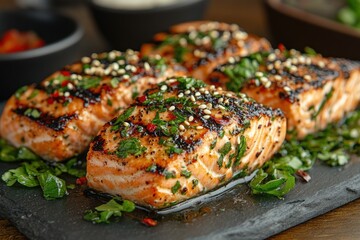 Grilled Salmon Fillets with Fresh Greens and Sesame Seeds on Slate Plate