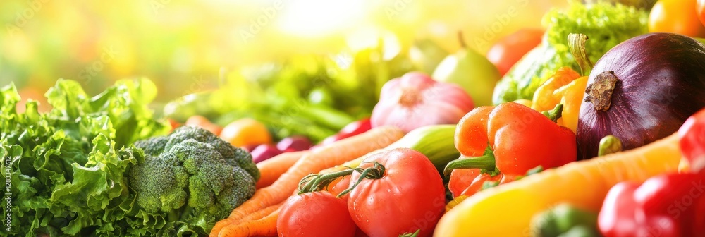 Poster Freshly harvested vegetables arranged beautifully in a colorful display under warm sunlight in a garden setting. Generative AI
