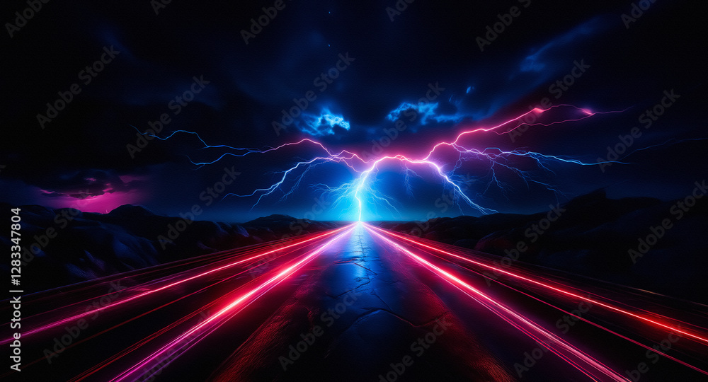 Aufkleber a vibrant road illuminated with neon streaks leads toward a dramatic lightning storm under a dark sk