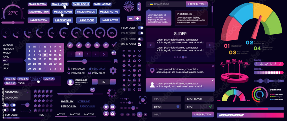 Poster a set of ui components for mobile apps and websites. includes buttons, panels, menus, sliders, and c