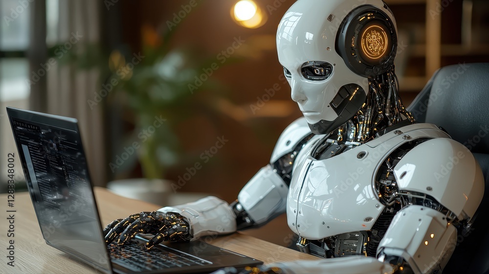 Poster innovative robot engaged in complex tasks while working on a laptop in a modern technological settin