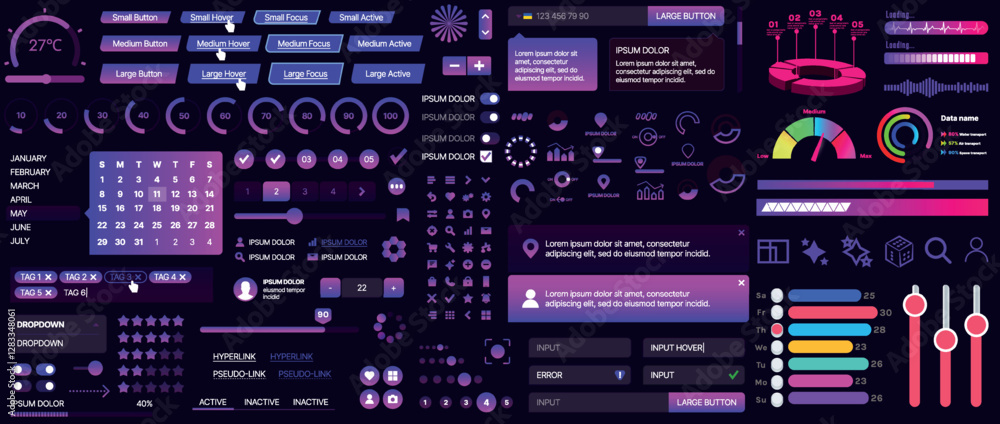 Poster a set of ui components for mobile apps and websites. includes buttons, panels, menus, sliders, and c