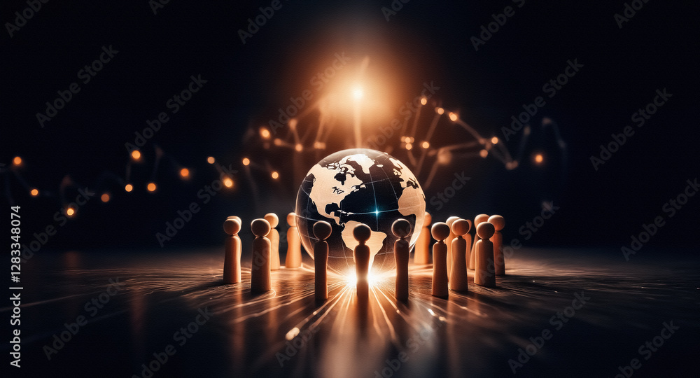 Aufkleber illuminated globe encircled by wooden figures under a strong light in a dark space. representing glo
