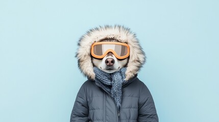 Dog Wearing Winter Jacket and Ski Goggles Against Blue Background
