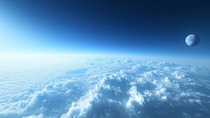 Soaring high above the world, a vast expanse of fluffy clouds stretches endlessly beneath a bright sky. A mysterious celestial body hovers on the horizon, adding a sense of wonder and tranquility