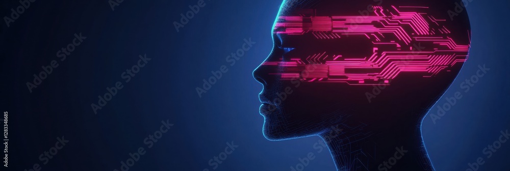 Poster silhouette of a human head filled with futuristic circuit board design and glowing neon lines in a d