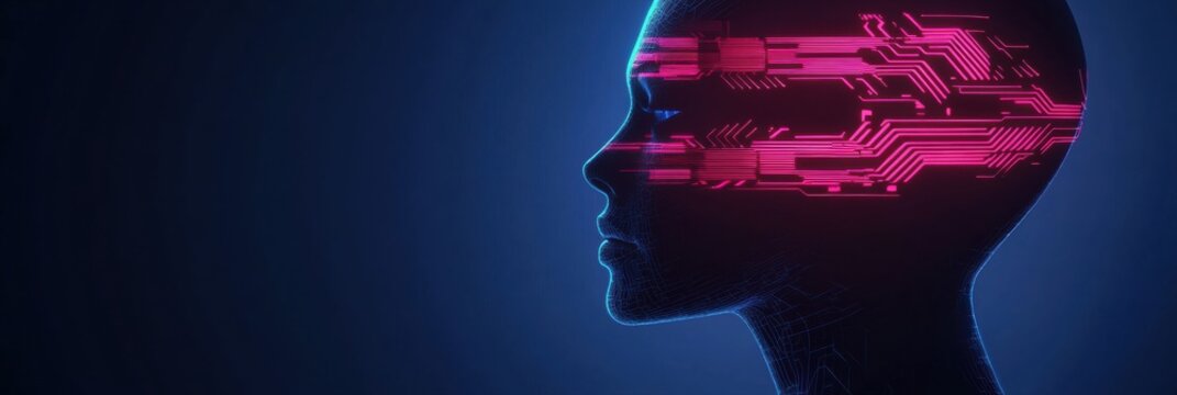 Silhouette of a human head filled with futuristic circuit board design and glowing neon lines in a dark setting. Generative AI