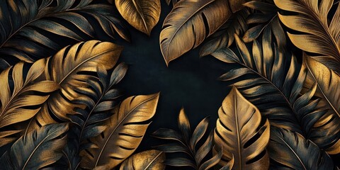 Luxurious Art Deco Tropical Leaves in Gold and Black for Photo Wallpapers Stunning Botanical Design