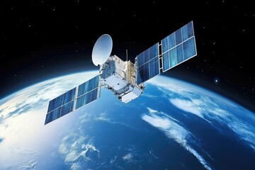 The Earth from space with a large satellite in orbit, showing communication infrastructure