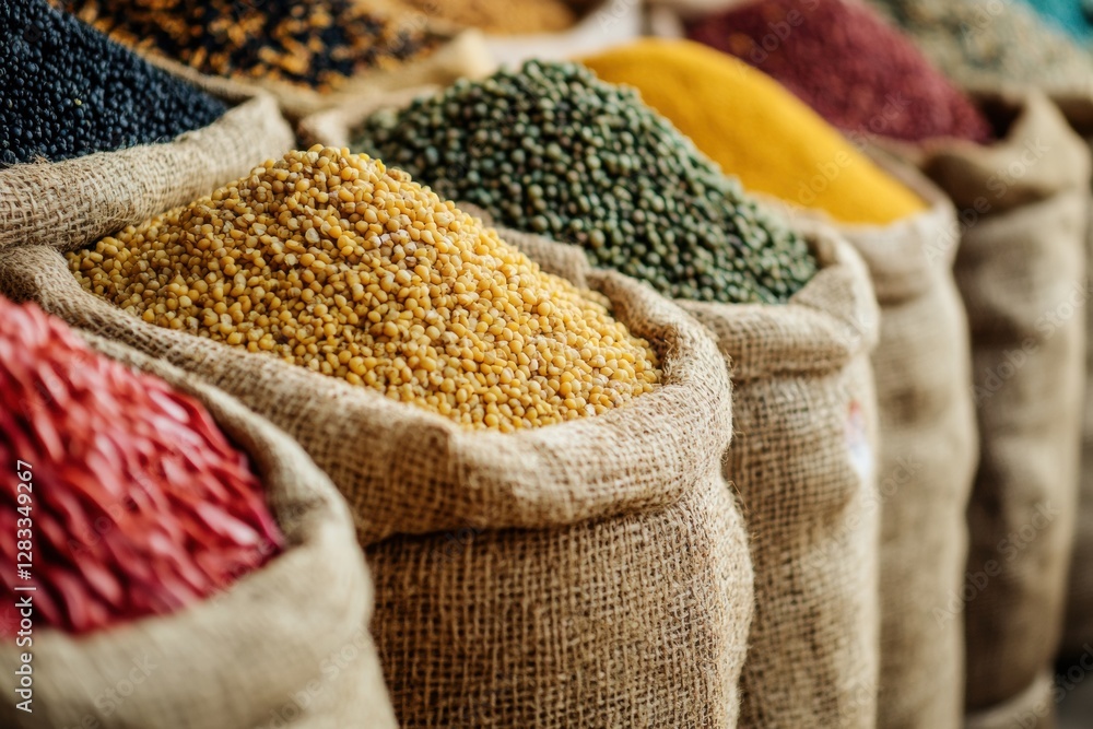 Aufkleber colorful assortment of spices and grains in burlap bags at a market in a vibrant setting during dayl