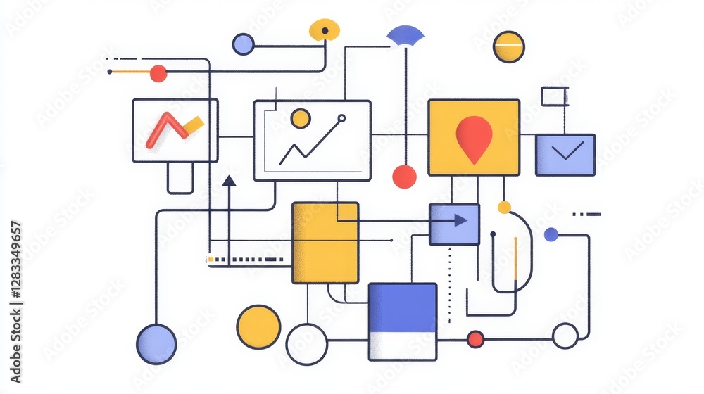 Poster structured workflow illustration with colorful icons and lines