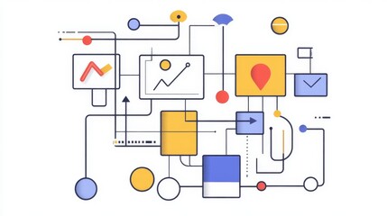 Structured Workflow Illustration with Colorful Icons and Lines