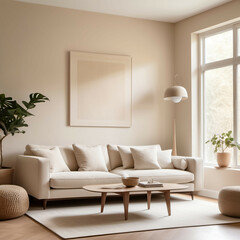 Soft Beige-Toned Living Room: A modern living space featuring a low-profile white sofa, soft beige walls, and natural light streaming in.