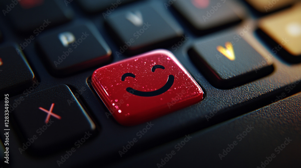 Poster a red button with a smiley face on it