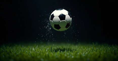Naklejka premium Soccer ball soaring above a wet grass field in a dramatic spotlight