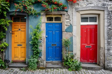 Naklejka premium Photo of Bright color european style wooden doors. Background texture for backdrops or mapping