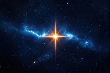 Bright Glowing Star in Cosmic Blue Nebula Symbolizing Christmas Hope and Spiritual Guidance in the Deep Night Sky