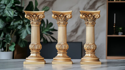 Obraz premium Antique gold pillars set. Ancient columns with golden decorative texture isolated on white background. Roman or greece facade decoration, luxury architecture elements, Realistic 3d vector illustration