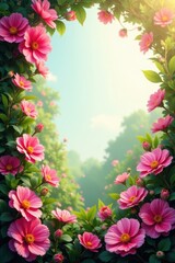 Obraz premium Abundant pink flowers, lush garden scene, bright light, background, pink