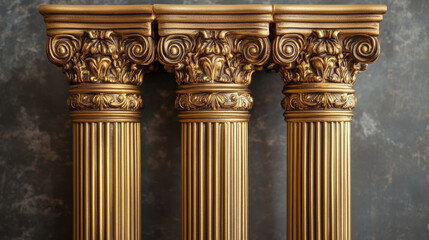 Obraz premium Antique gold pillars set. Ancient columns with golden decorative texture isolated on white background. Roman or greece facade decoration, luxury architecture elements, Realistic 3d vector illustration