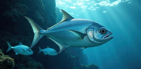 Fototapeta premium A shimmering, tightly packed school of bigeye trevally, flashing silver in the sunlight , fast, coral