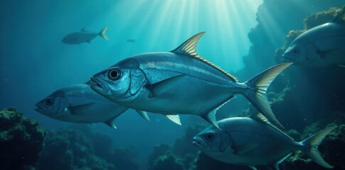Naklejka premium A shimmering, tightly packed school of bigeye trevally, flashing silver in the sunlight , fish school, ecosystem