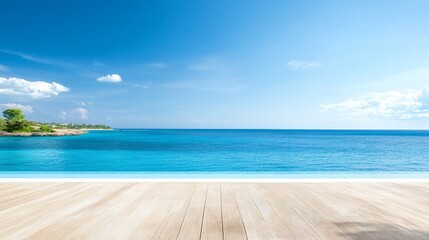 Fototapeta premium Tranquil Ocean View from a Modern Wooden Deck under Clear Sky
