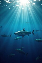 Fototapeta premium Blue water, enormous jackfish aggregation, sunlight dappling surface , marine, underwater, underwater scene