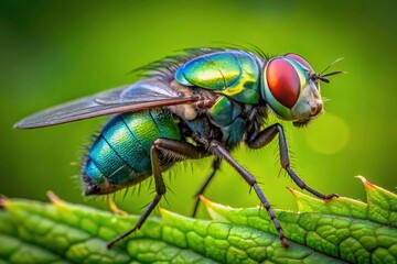 Fototapeta premium Close-up macro: a housefly's iridescent body gleams on a green leaf.