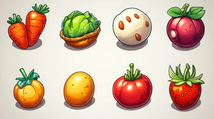Vegetables and fruit icons. Game items of strawberry, carrot, potato, tomato, apple and egg. Vector cartoon set of farm food symbols, pumpkin, corn, ginger, spinach and peas isolated on background