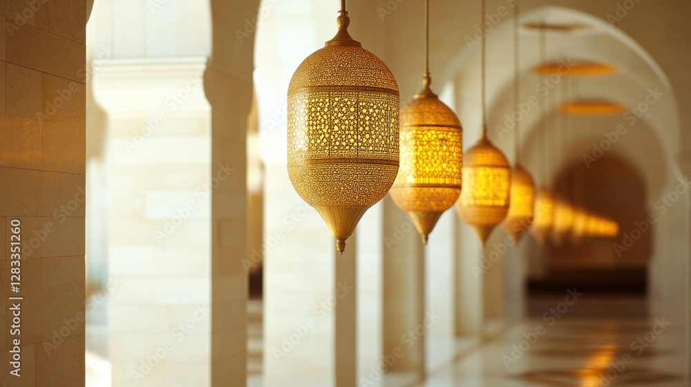 Poster ornate lanterns hanging in elegant architecture with soft lighting