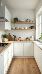 Fototapeta premium Bright kitchen banner, white cabinets, wooden floor, breakfast on countertop, rustic, home, modern