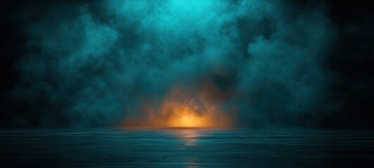 Obraz premium Moody Abstract Scene Dark Teal Foggy Background with Illuminated Wooden Floor and Chiaroscuro Contrast