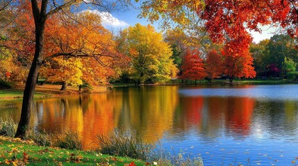 Autumnal Serenity: A picturesque lake mirroring vibrant fall foliage, showcasing nature's breathtaking canvas of warm colors and tranquil beauty.