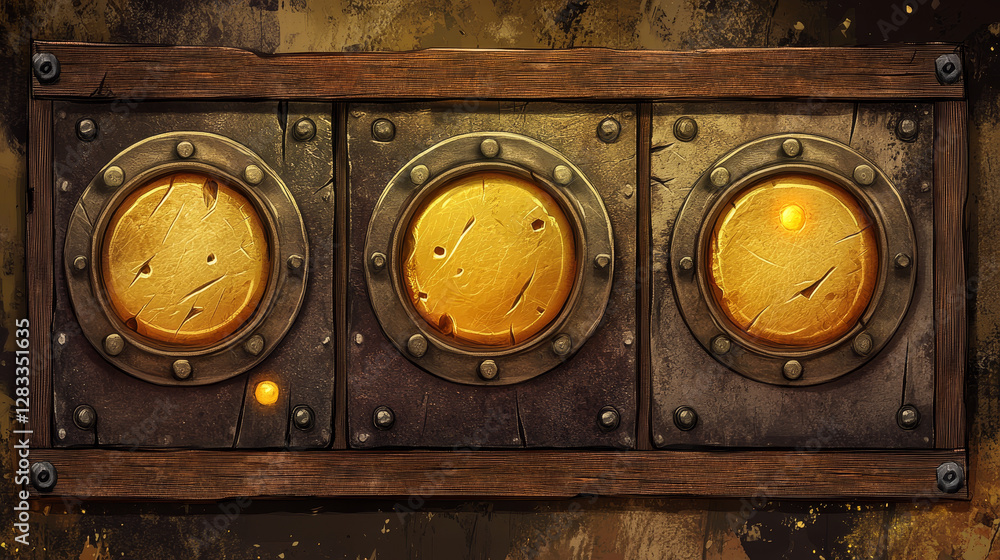 Poster game ui app icons, round buttons, cartoon menu interface textured blocks. gui graphic design element