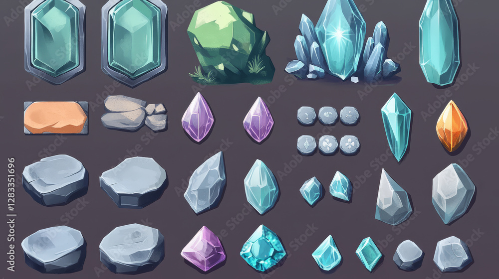 Poster stone and crystal game ui app buttons, icons, boards or plaques set. cartoon rocky and glossy menu i