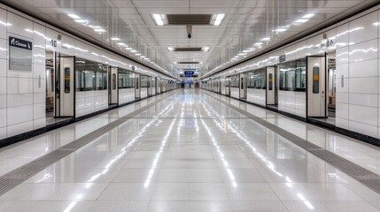 Subway platform, passengers walking, modern architecture, clean lines, public transport image