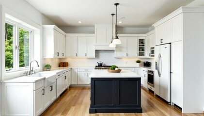 Fototapeta premium Bright white kitchen, dark island, farmhouse sink, range hood, luxury, contemporary