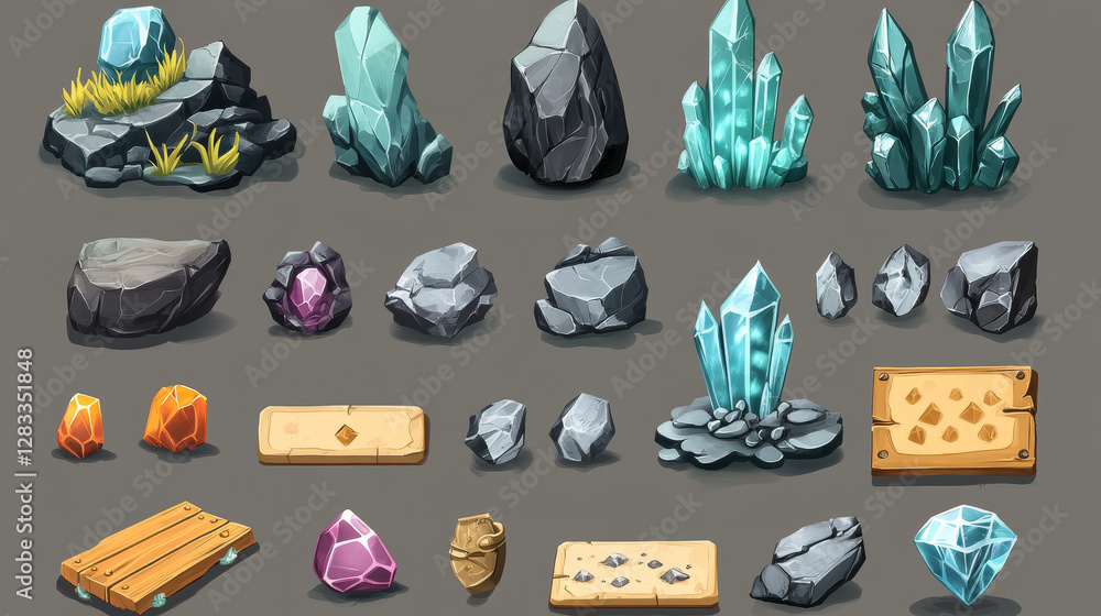 Poster stone and crystal game ui app buttons, icons, boards or plaques set. cartoon rocky and glossy menu i