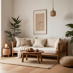 Japandi-Inspired Living Room: A serene space with a low wooden sofa, neutral textiles, and soft lighting, set against white walls.
