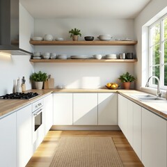Bright white kitchen, open shelving, natural wood accents, simple design, storage solutions