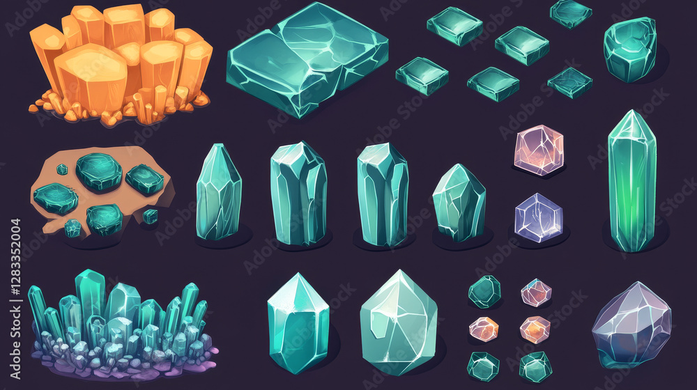 Poster stone and crystal game ui app buttons, icons, boards or plaques set. cartoon rocky and glossy menu i